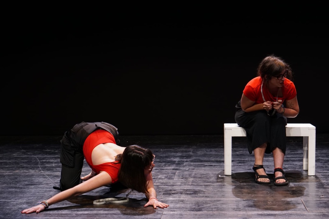 Escena teatral de movimiento con dos intérpretes
