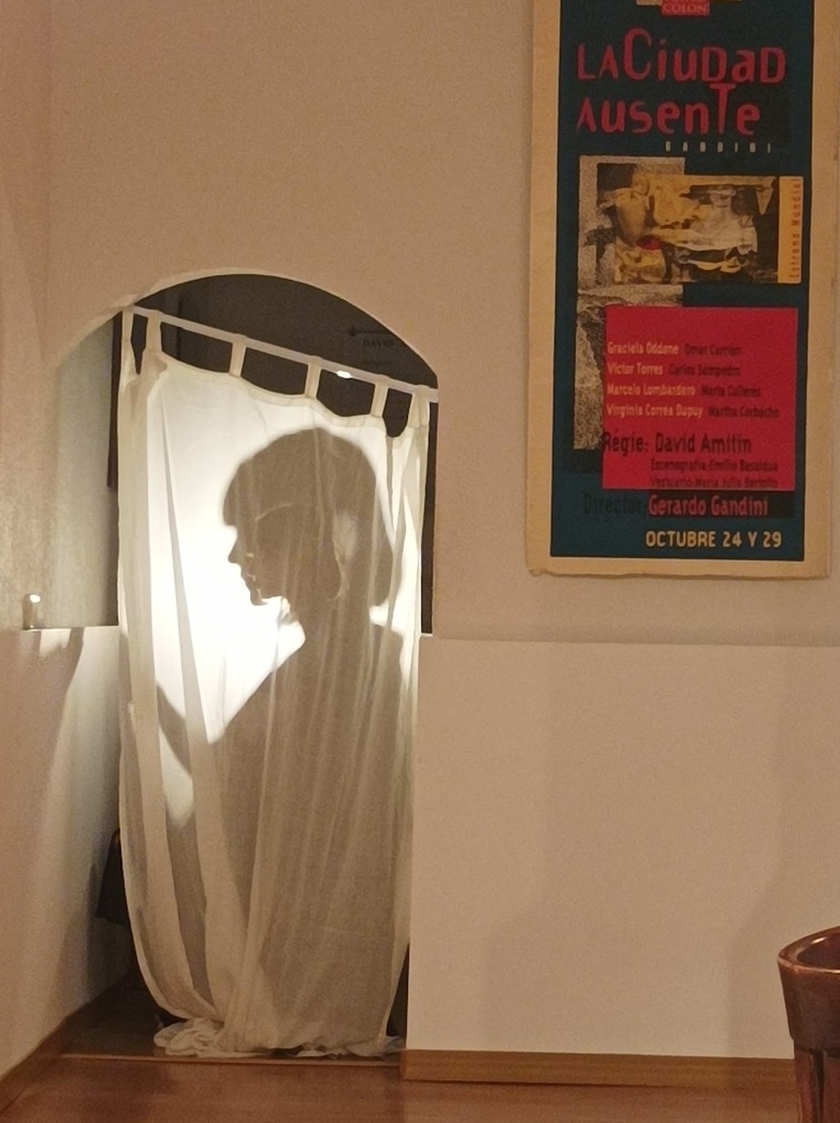 Una silueta se proyecta sobre una cortina durante una escena